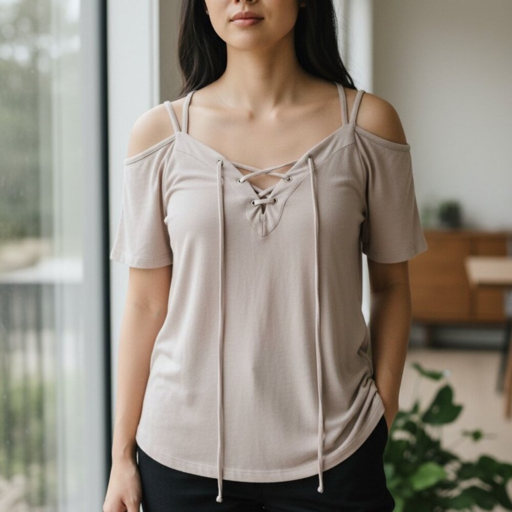 (F-162) Love Tree Women’s Cold Shoulder Lace-Up Blouse Taupe Beige Size L